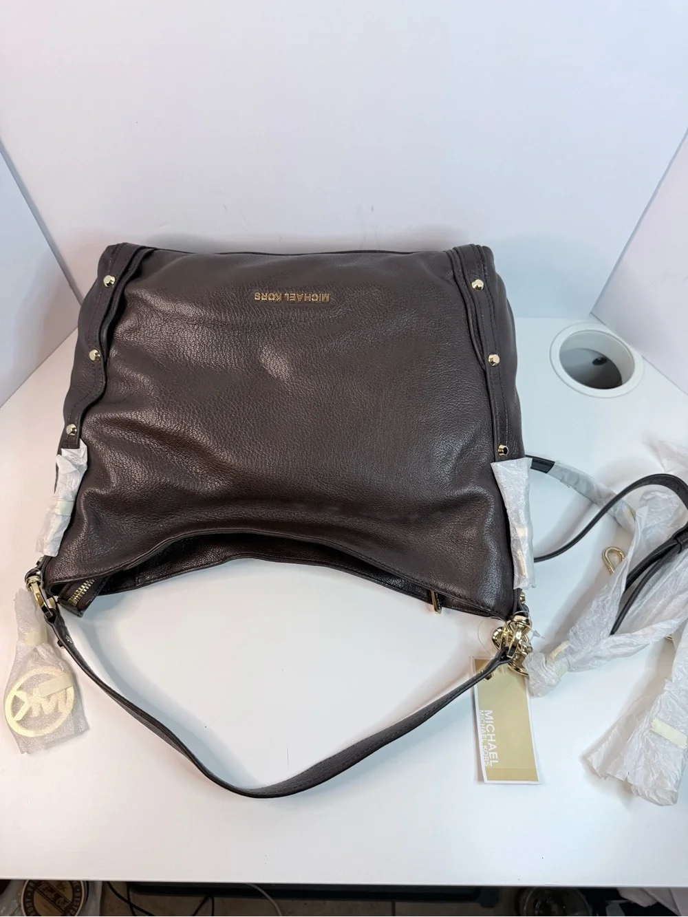 Michael Kors Dark Leigh Large Coffee Leather Convertible Shoulder Bag